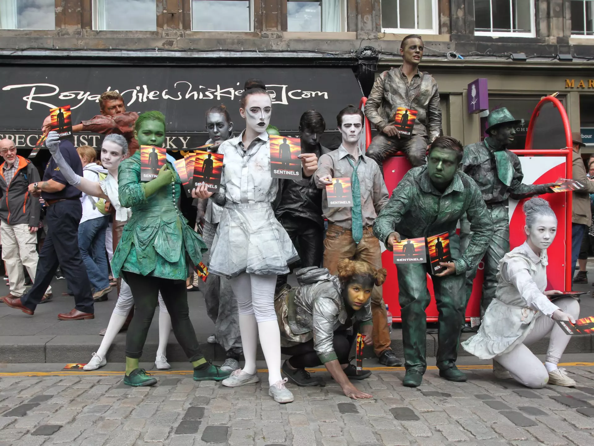 Members of Babolin Theatre publicize their show Sentinels during Edinburgh Fringe Festival on August 10, 2013 in Edinburgh, Scotland