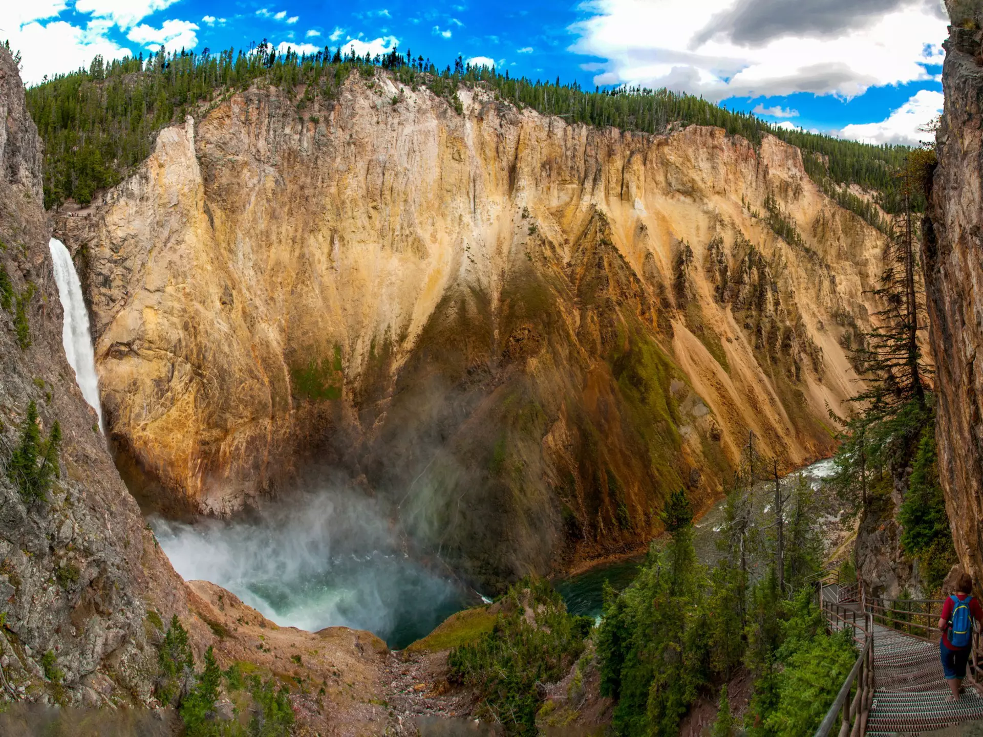 Panoramic view of the Lower Falls in Yellowstone National Park