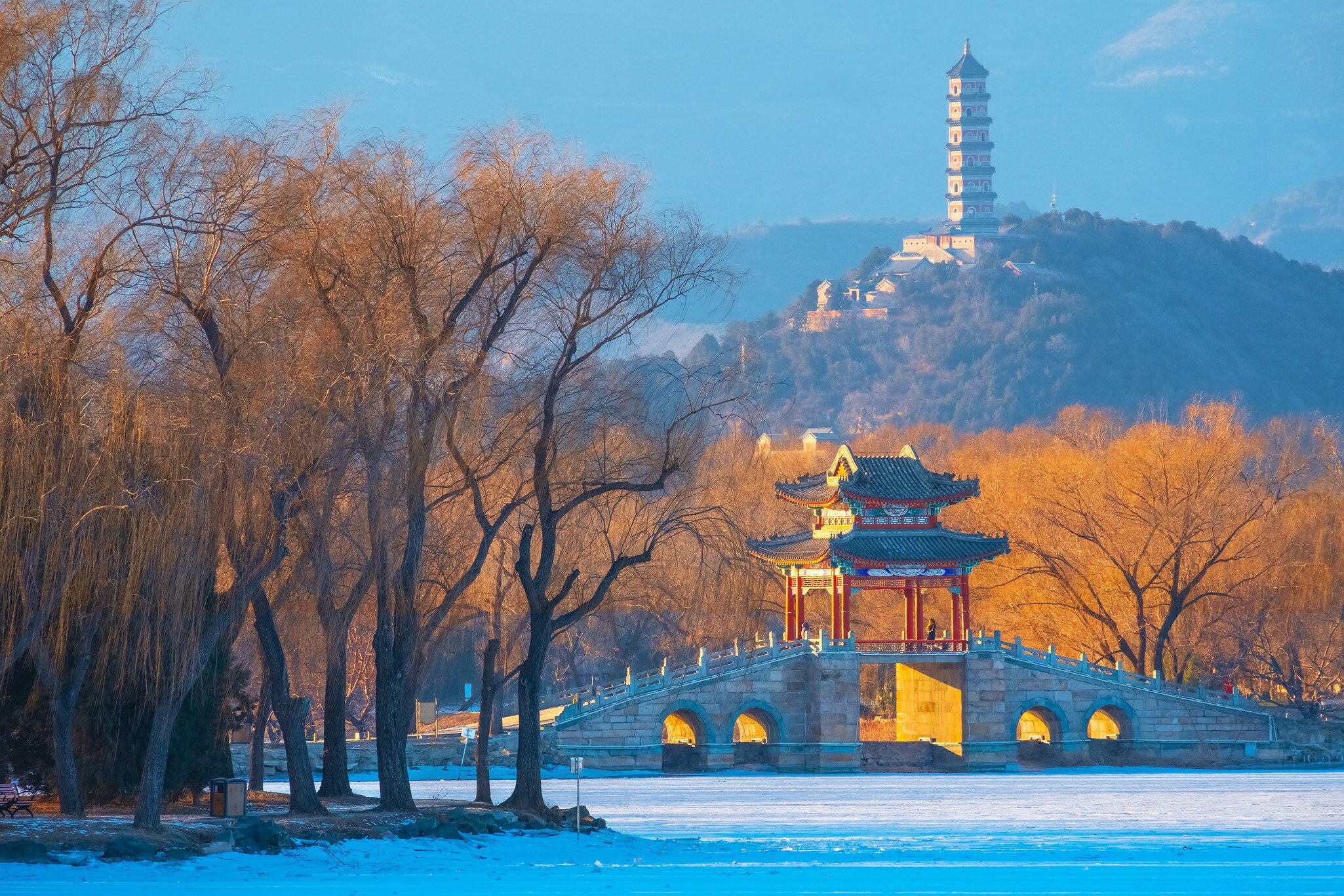 View of a bridge in the Summer Palace in Beijing, China, during winter.