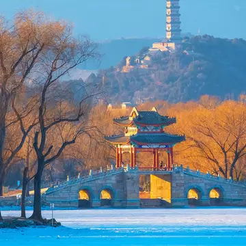 View of a bridge in the Summer Palace in Beijing, China, during winter.