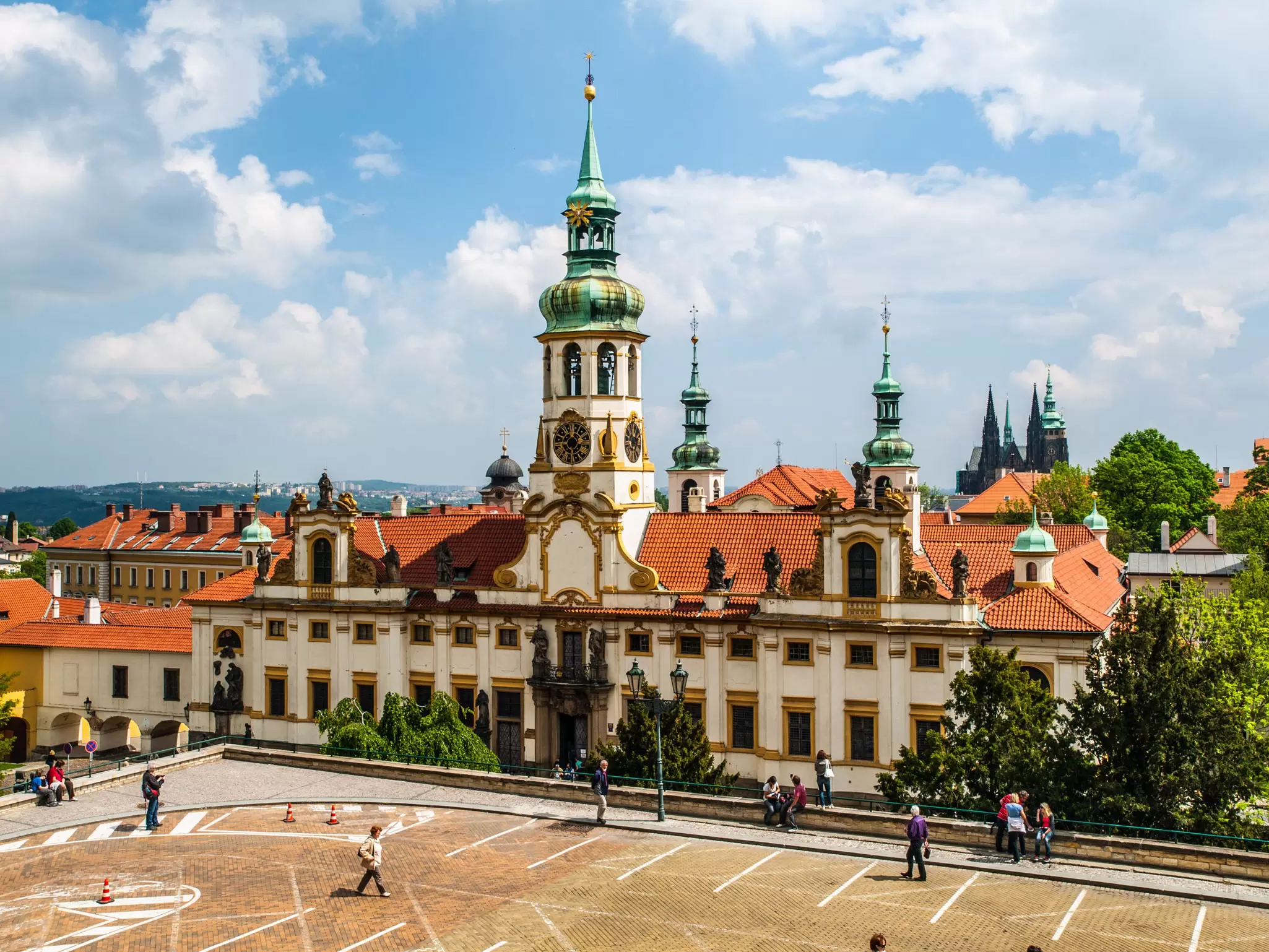 Exterior view of the Loreta complex on a sunny day in Prague, Czechia.