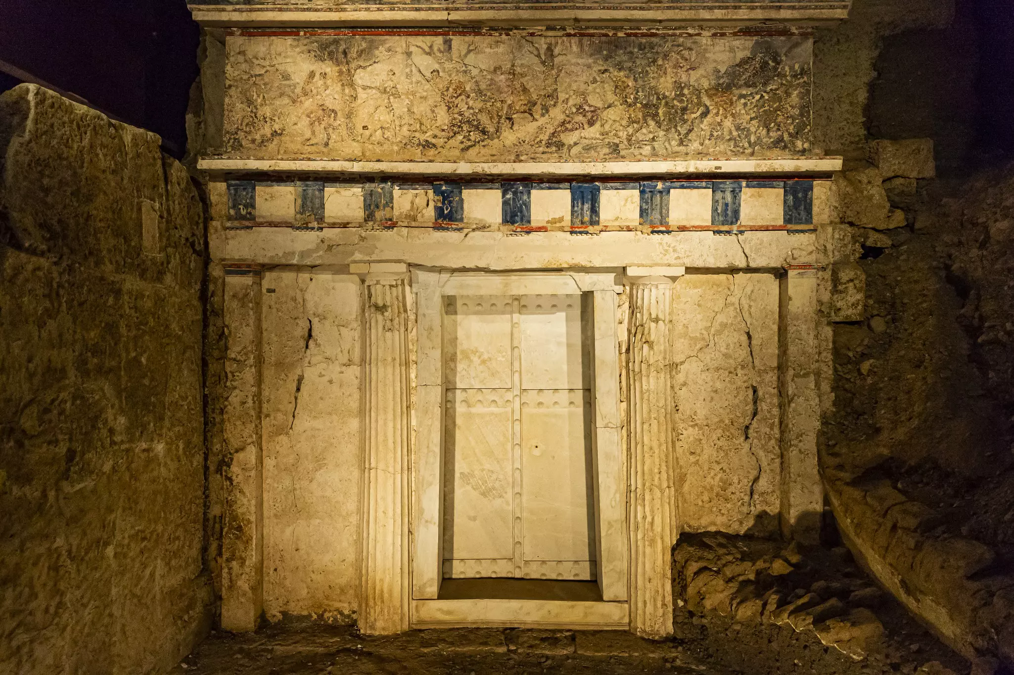 1303580786
architectural, artistic, creative, mural painting, mural paintings, murals, nighttime, no one, no person, nobody, outdoor, outside, paintings, past, stone, tomb of phillip ii, vergina, worn