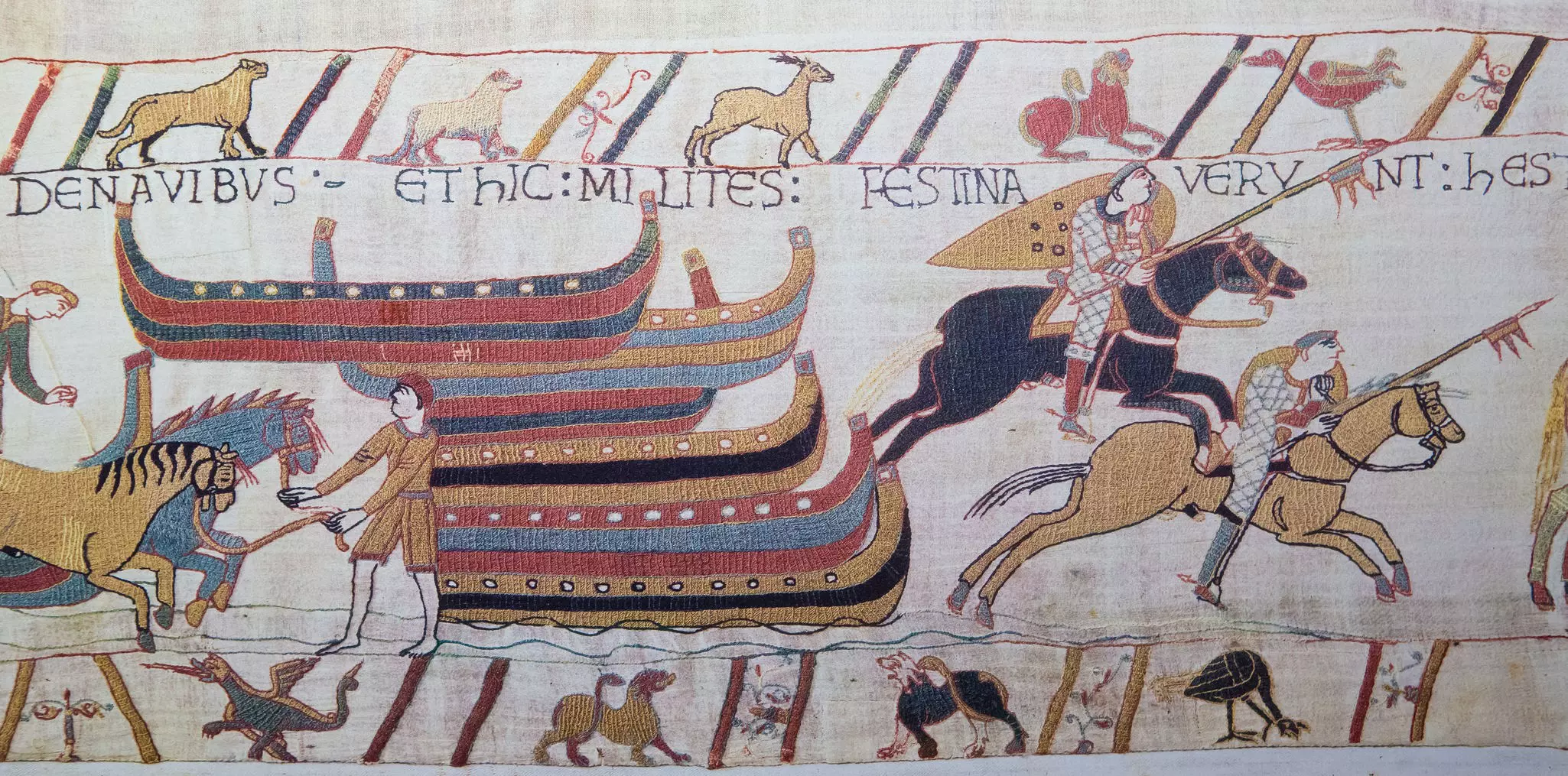 Detail of the Bayeux Tapestry depicting the Norman invasion of England in the 11th Century on February 12.