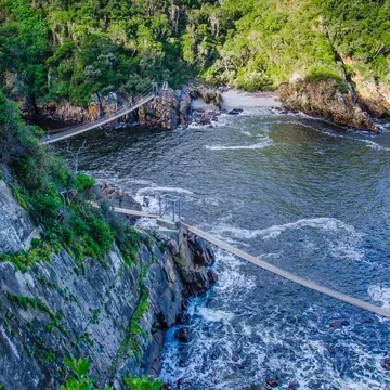 Hanging bridges above sea in The Tsitsikamma Section of the Garden Route National Park, South Africa.; Shutterstock ID 573537211;