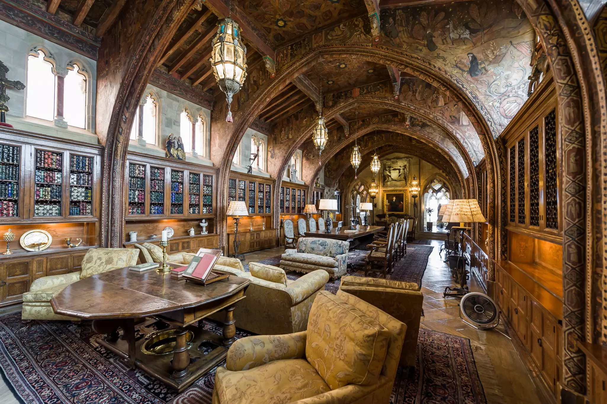 Grand spacious living and dining room at Hearst Castle, which is a National and California Historical Landmark opened for public tours.;