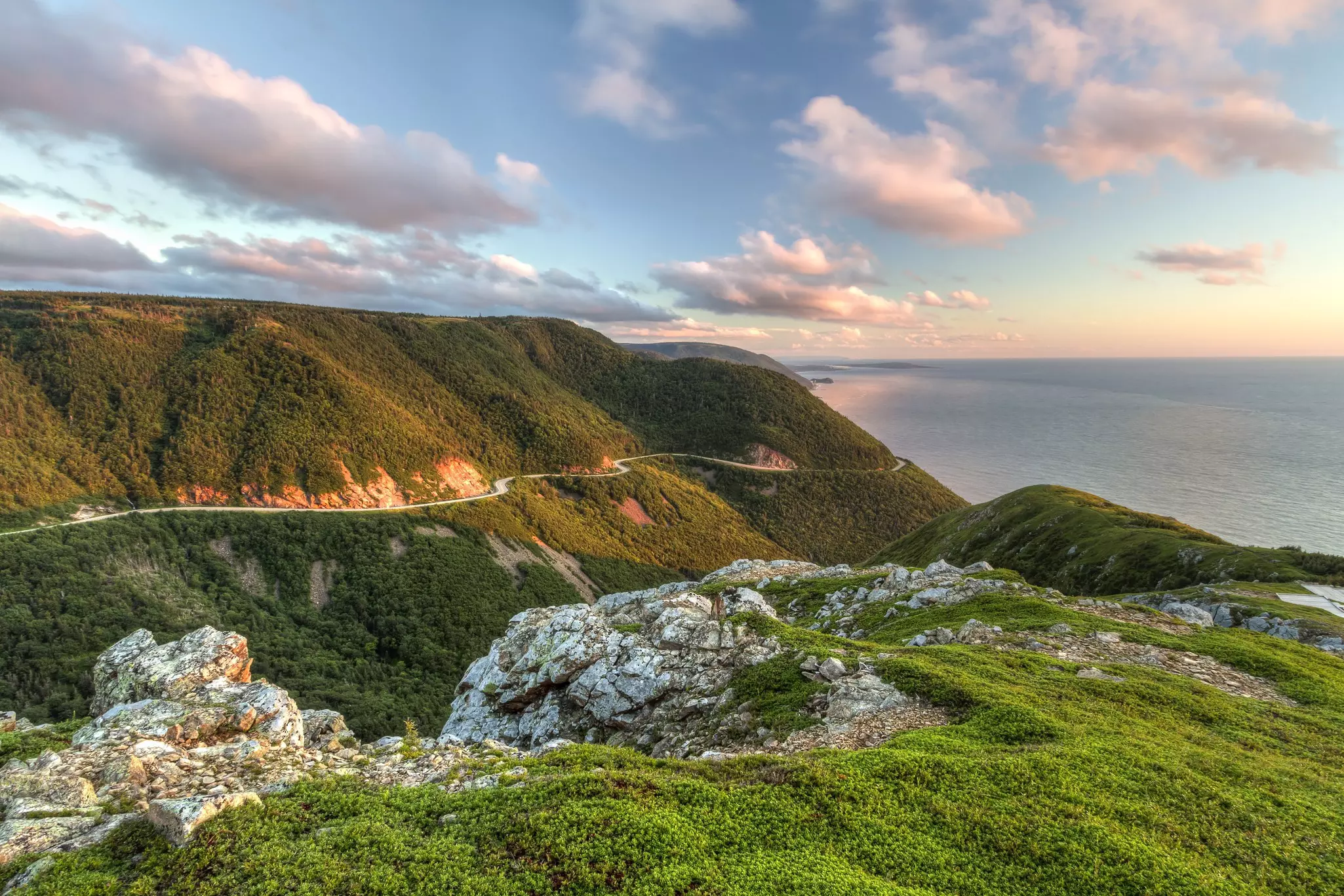 The winding Cabot Trail road seen from high above on the Skyline Trail