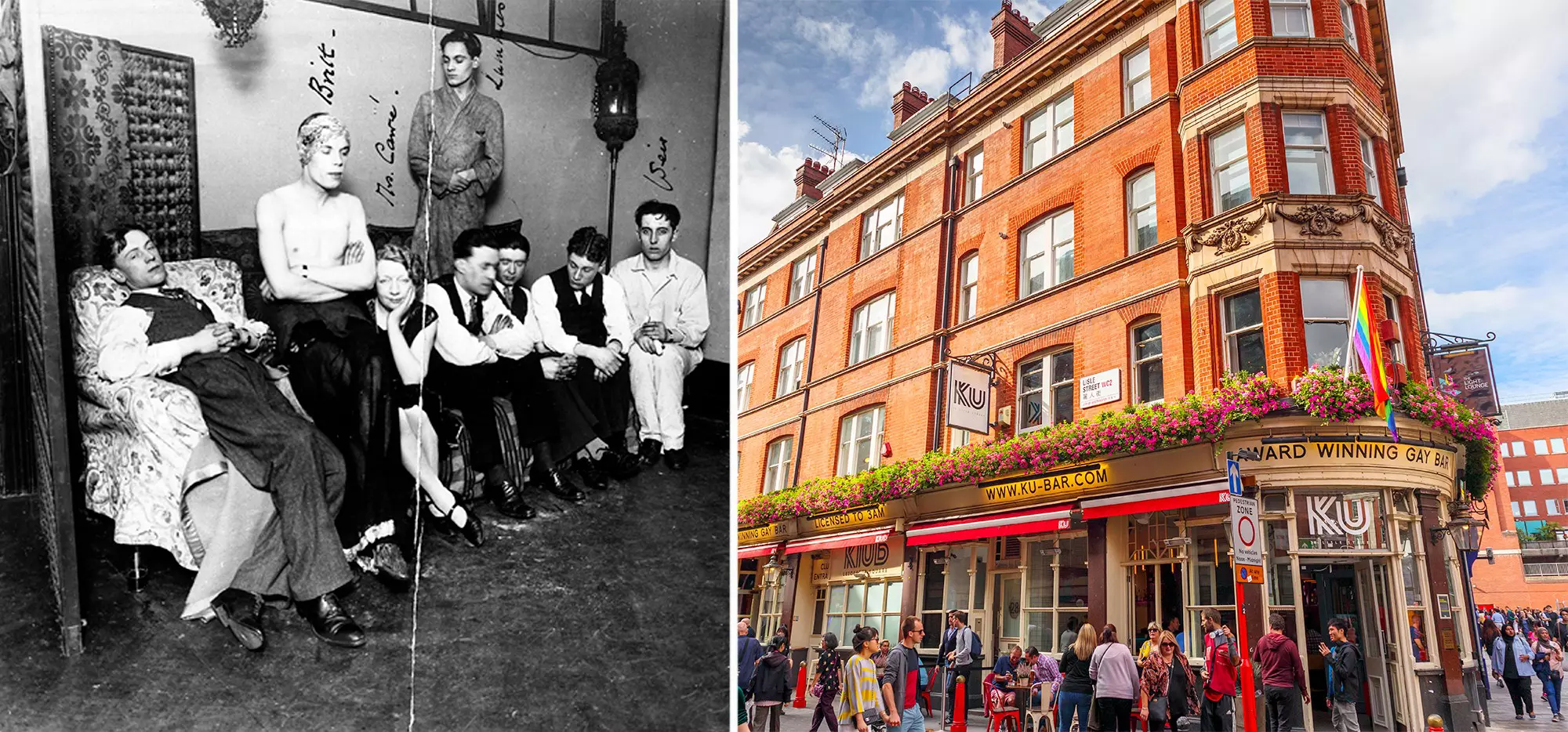 Men and women are arrested after a raid in Soho in 1927; KU Bar is one of the Soho’s popular gay bars today © National Archive; Alamy