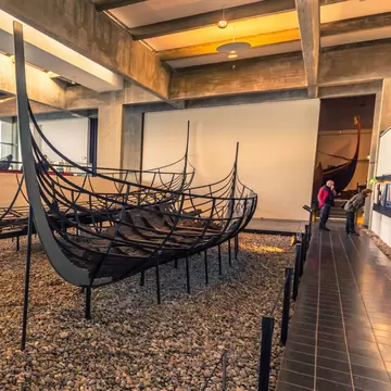 The Viking ships inside the Viking Ship Museum of Roskilde, Denmark.