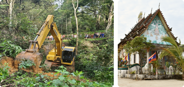 Left: A truck, stuck in the mud in Laos. Right: Wat Phoxaysanalam in Sam Neua