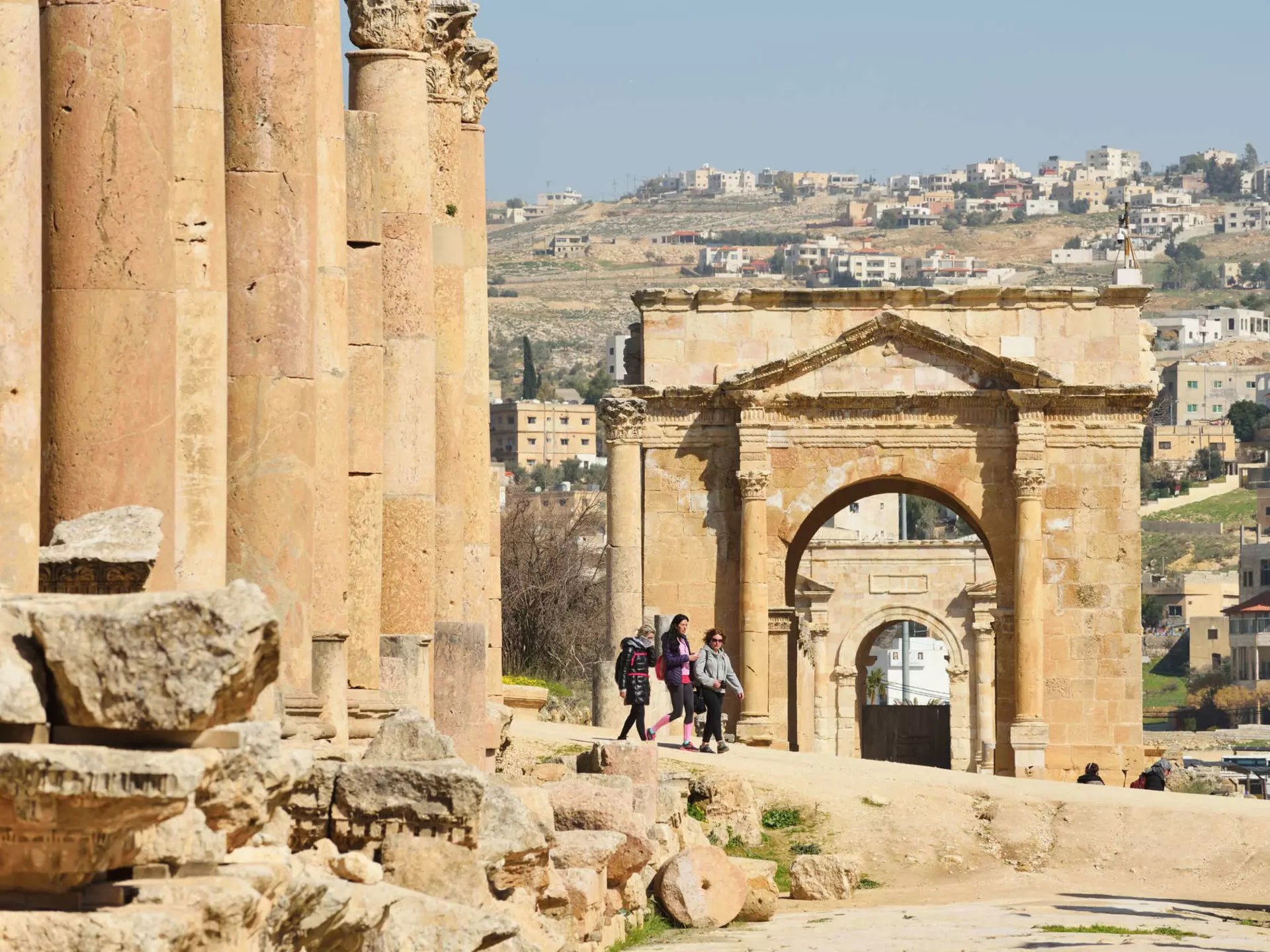 Jerash, Jordan - February 15, 2020. View to the ruins and residential area buildings of the city in Jarash, Jordan
person, human, architecture, building, arch, pillar, ruins, Jerash, Jordan