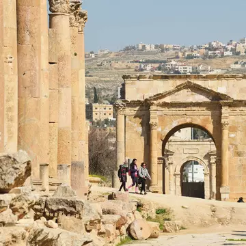 Jerash, Jordan - February 15, 2020. View to the ruins and residential area buildings of the city in Jarash, Jordan
person, human, architecture, building, arch, pillar, ruins, Jerash, Jordan