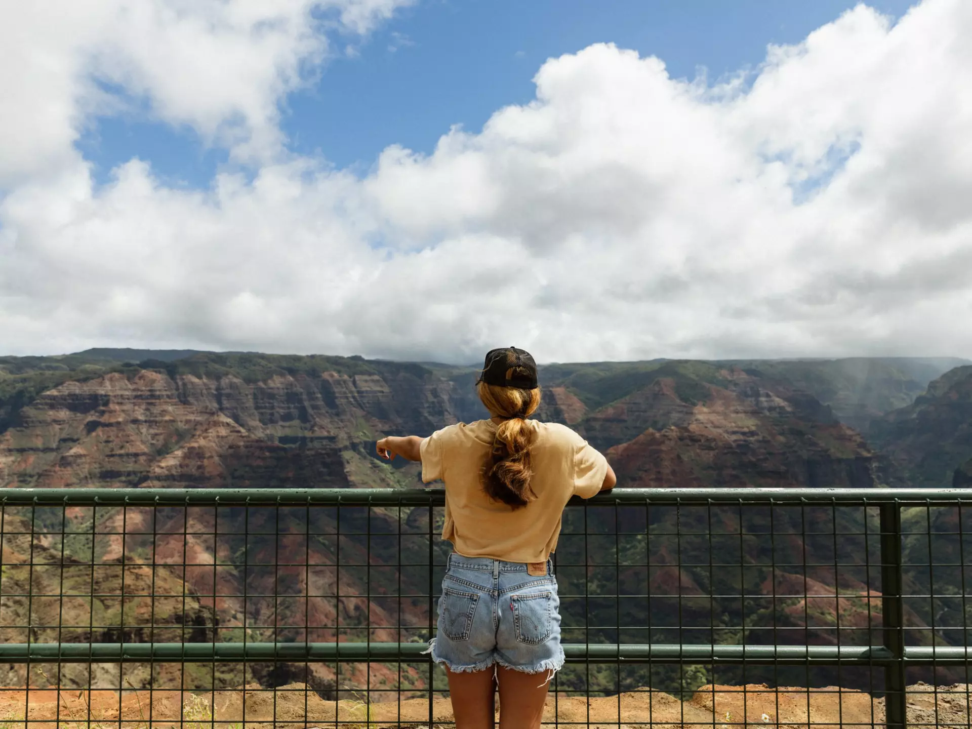 A person stands at a railing over a large canyon.