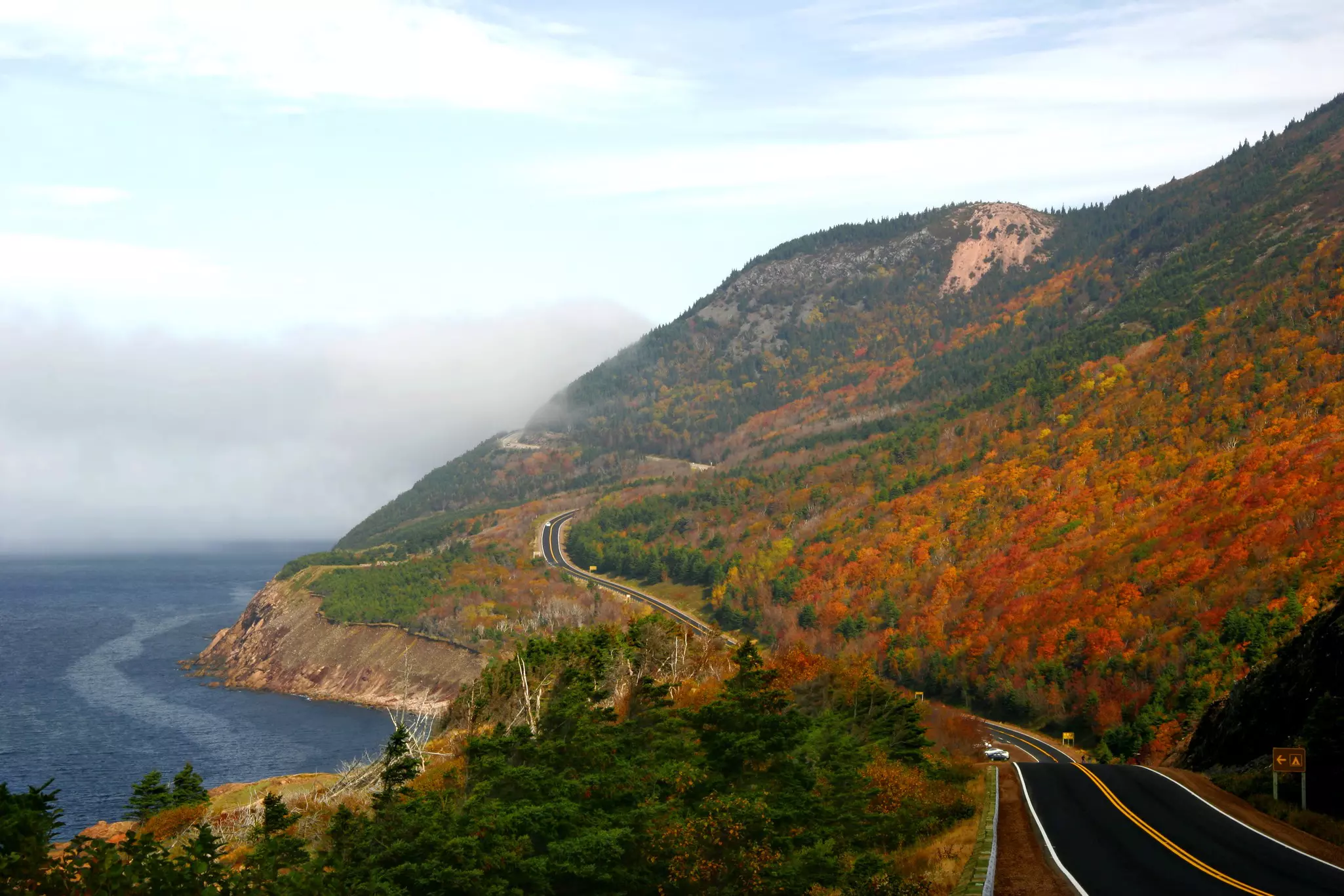 A windy road hugs the ocean coast in a rural area. Trees show fall foliage.
