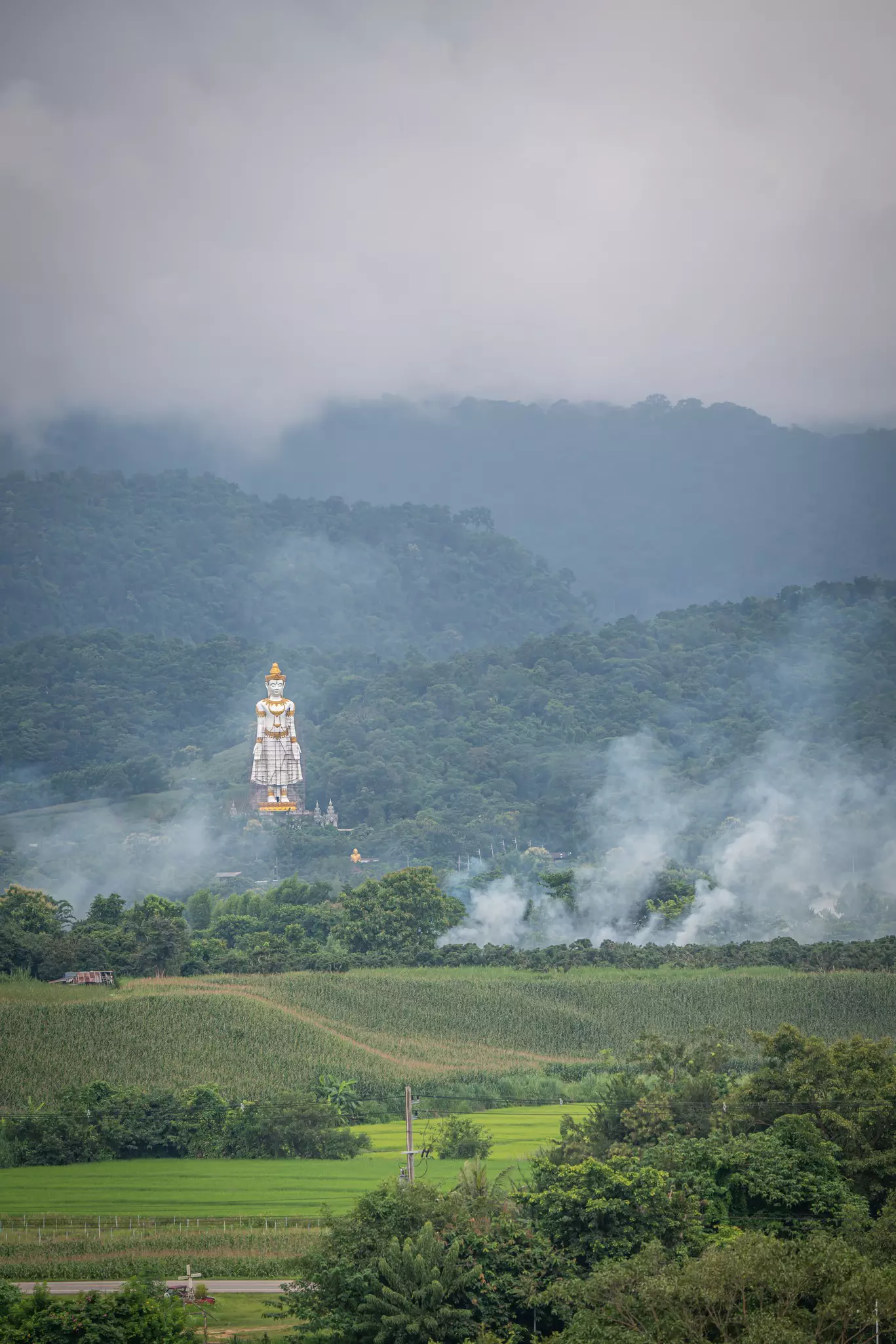 A large buddha statue surrounded by jungle is shrouded in smoke from nearby agricultural burning.