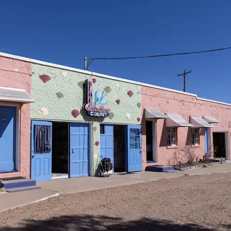 The colorful outsides of the rooms at the Blue Swallow Motel in Tucumcari, New Mexico.