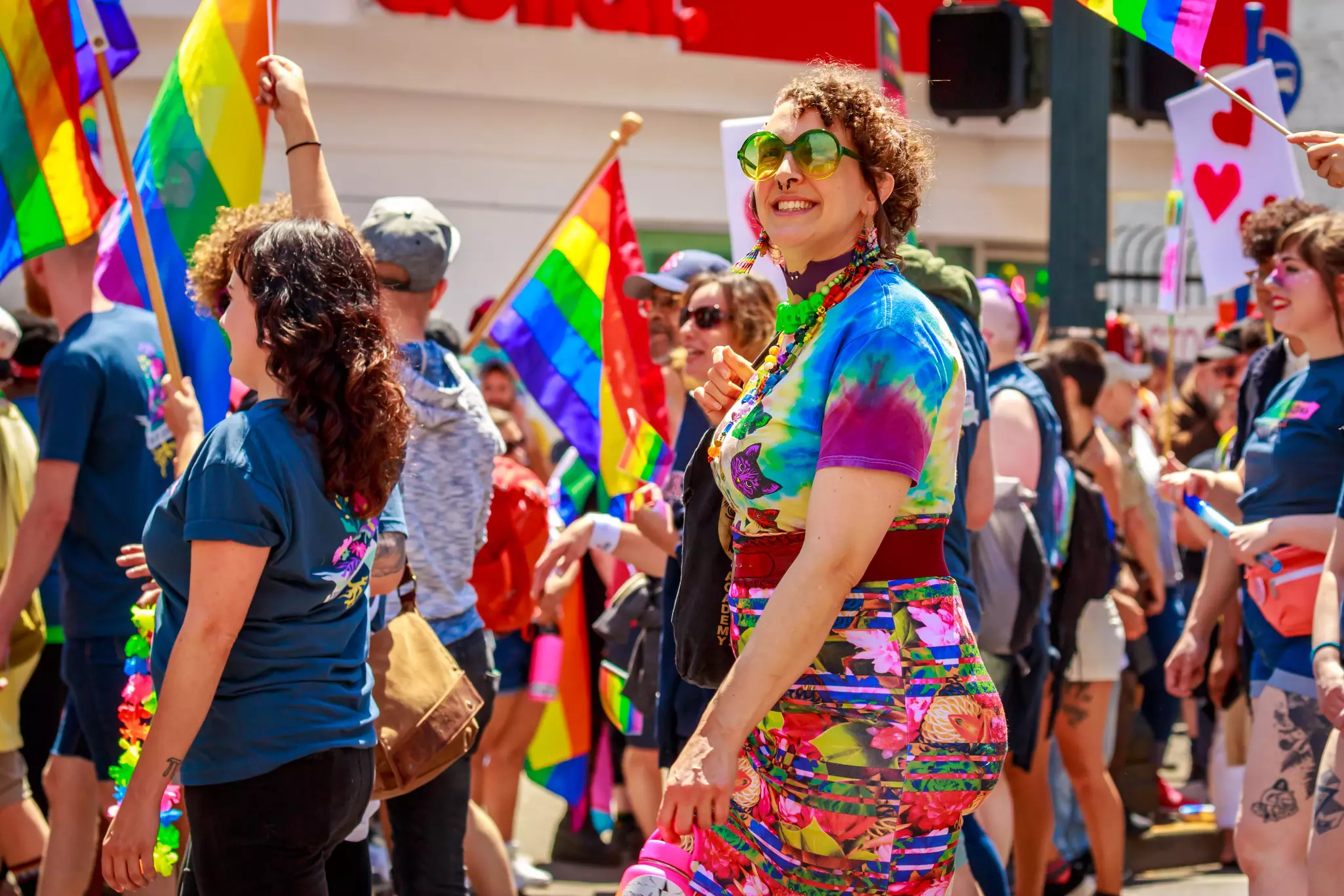 Diversified group of people in bright clothing in Portland's 2019 Pride Parade