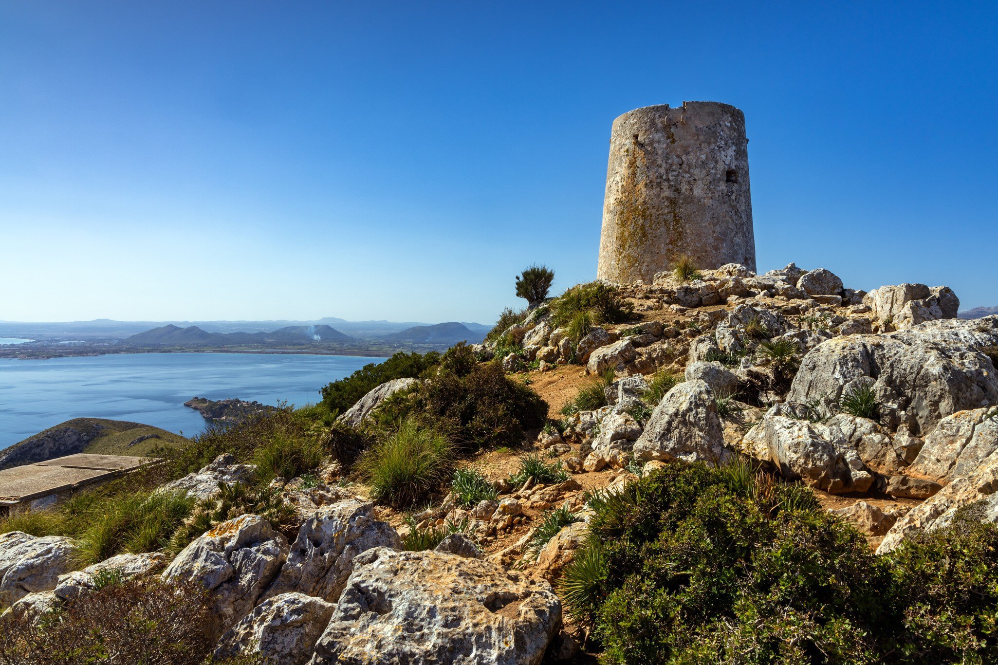 View of the Albercruix watchtower at Cap de Formentor in Mallorca, Spain.