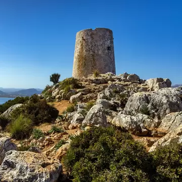 View of the Albercruix watchtower at Cap de Formentor in Mallorca, Spain.