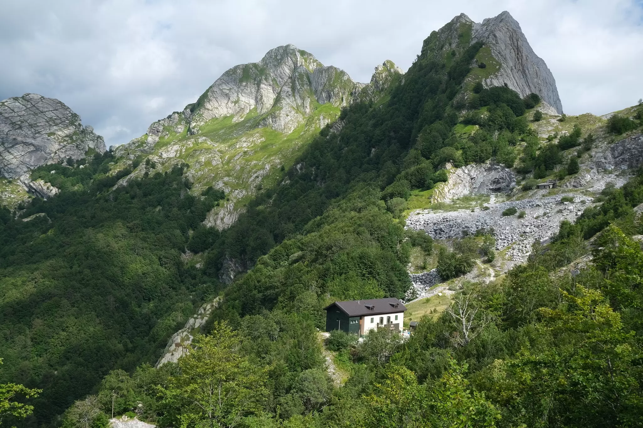 Aerial view of the Alpine refuge of Val Serenaia on the Apuan Alps in Tuscany.