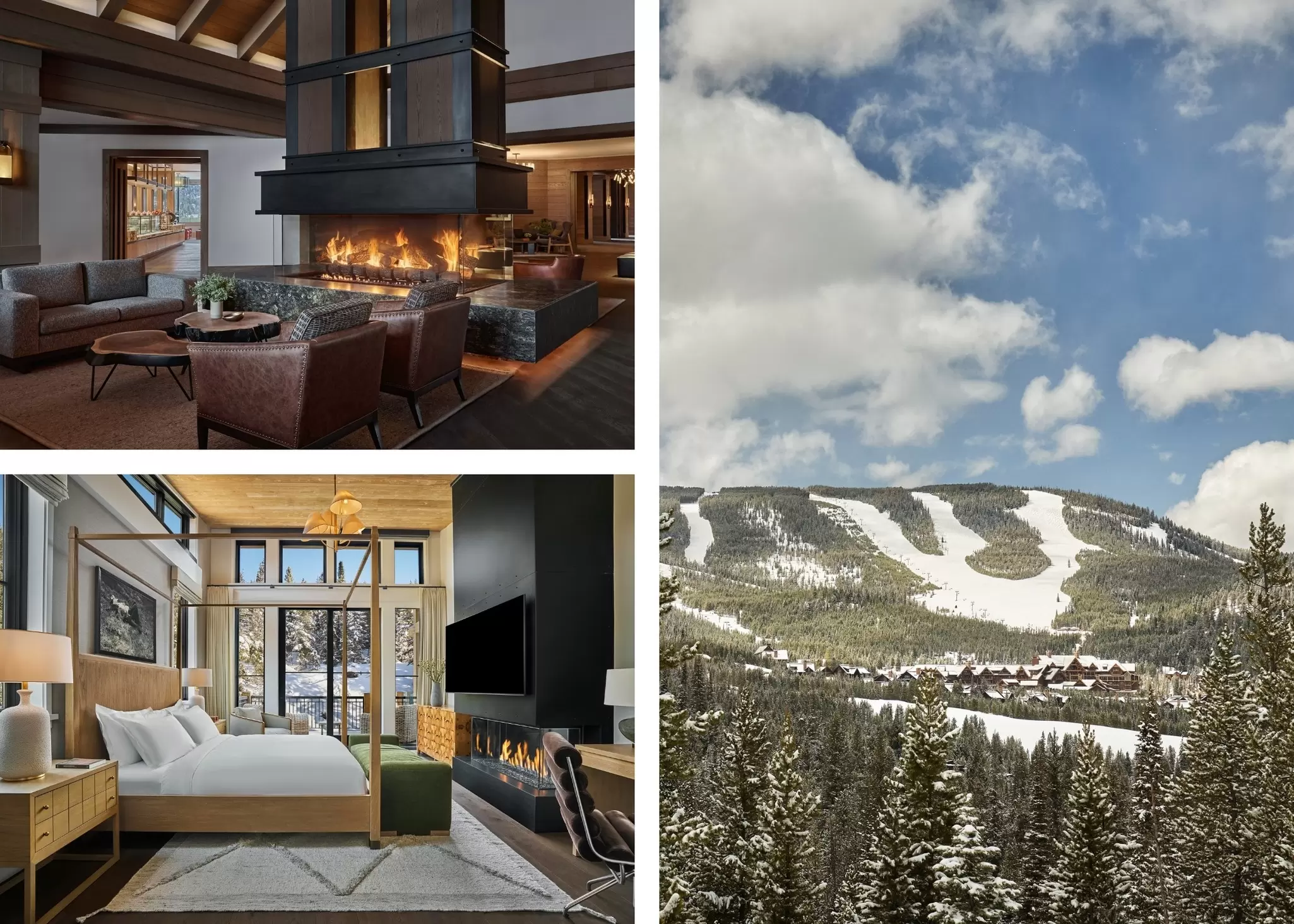 Top left: Large armchairs beside a fireplace. Right: Ski slopes covered in snow. Bottom left: A luxurious guest room with a four-poster bed, fireplace and snowy views: Montage Big Sky, Montana, USA