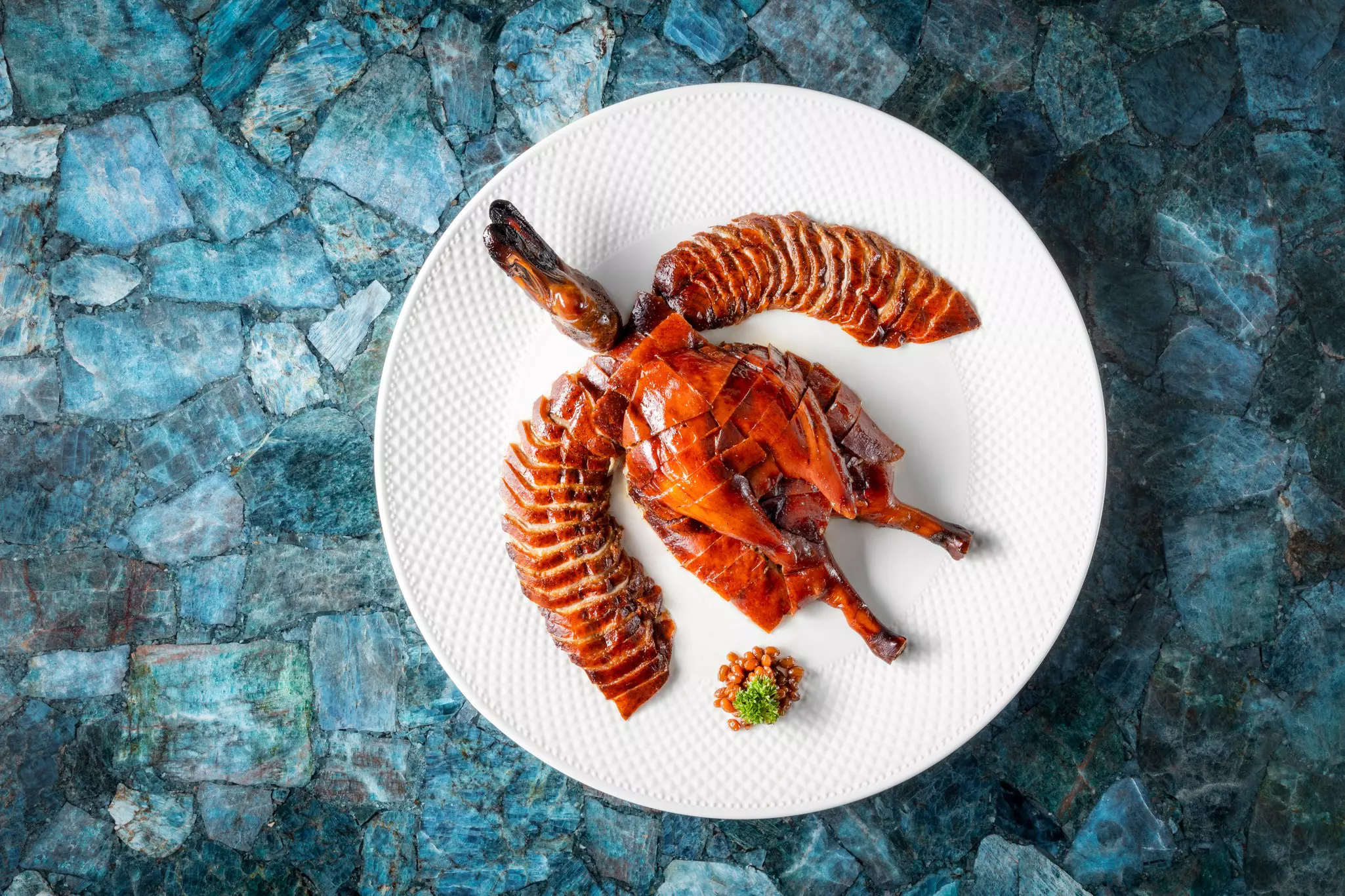 A plate of sliced poultry is displayed on a plate in the form of a bird.