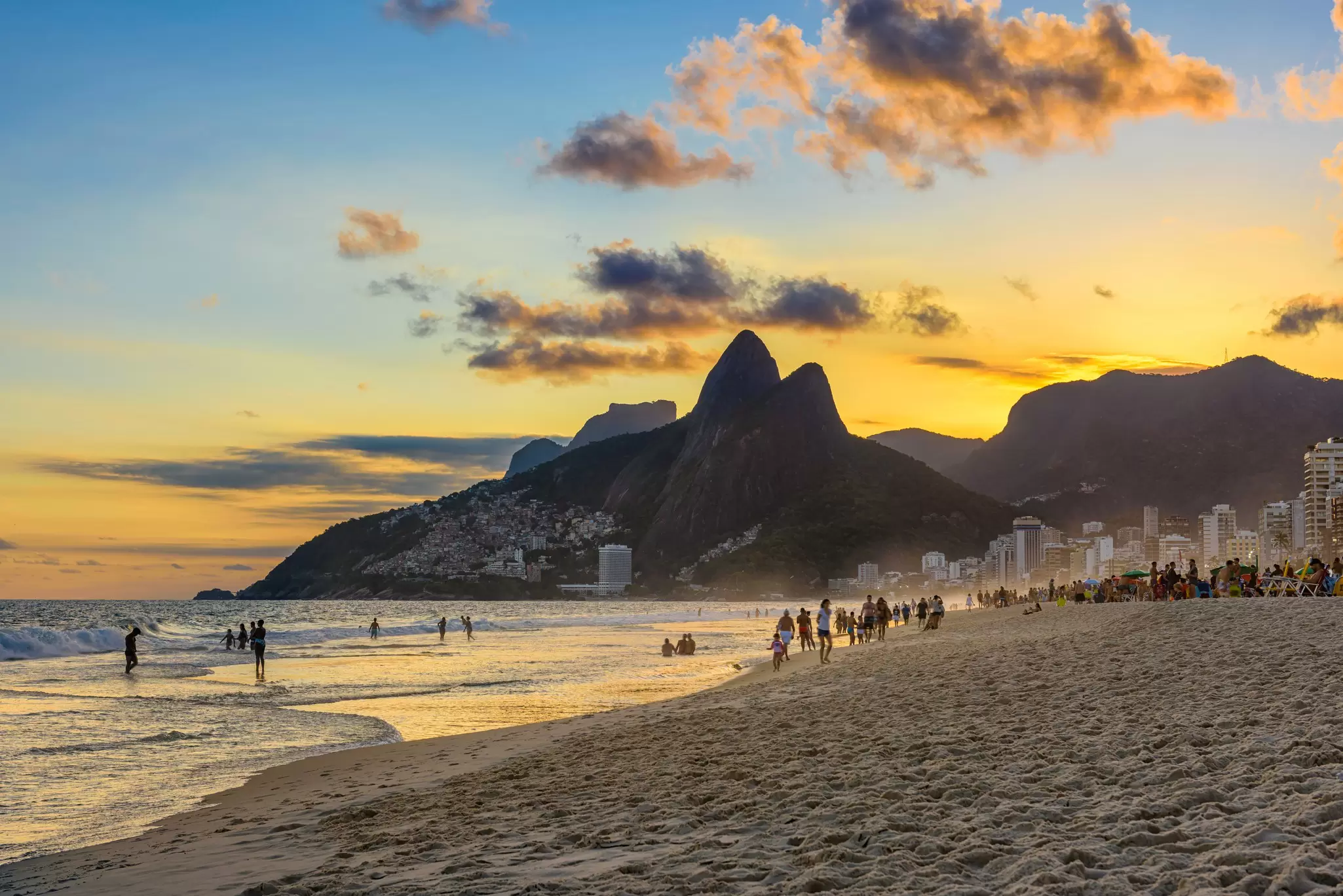 Sunset view of Ipanema Beach in Rio de Janeiro, Brazil.