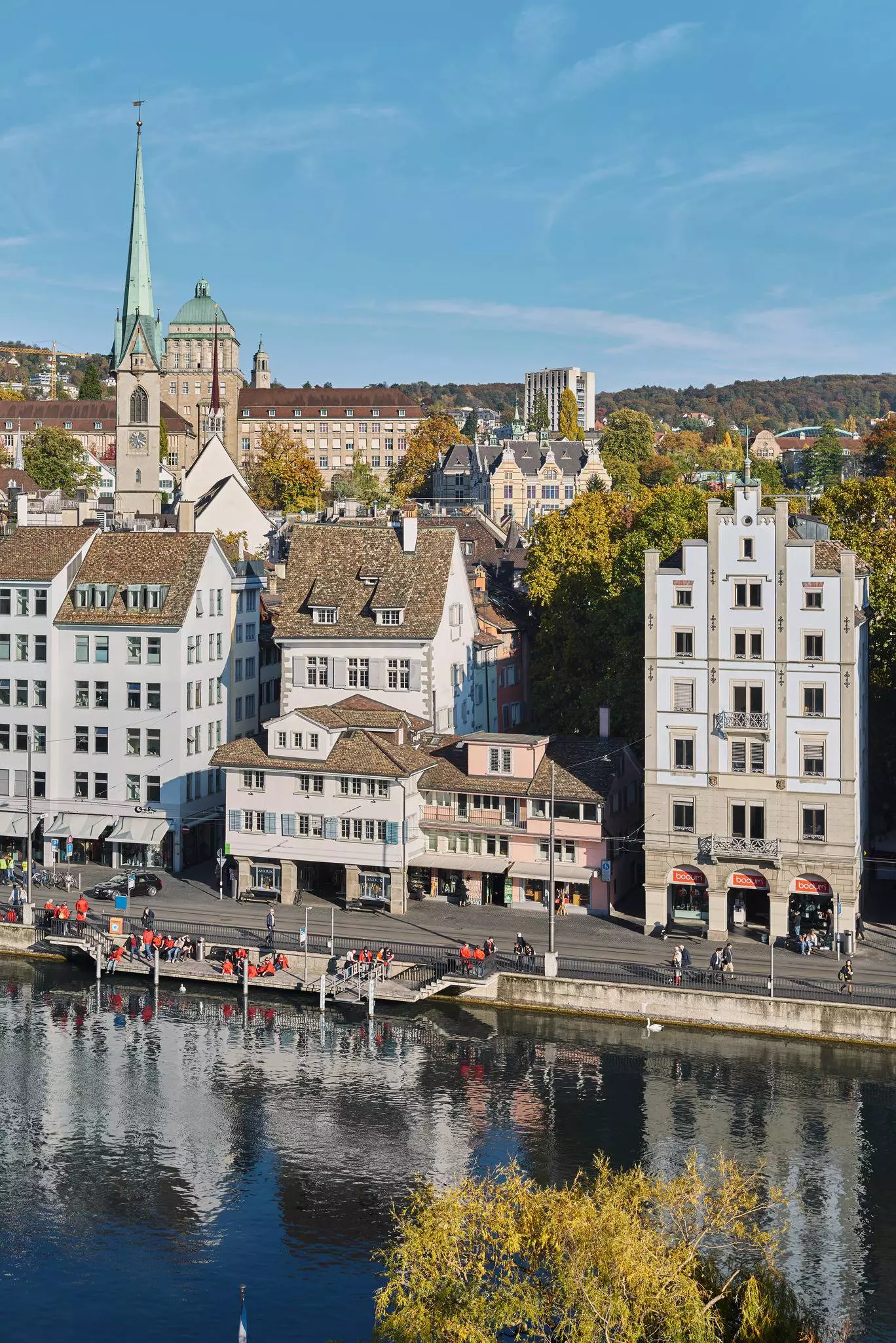 Flags line the buildings in the old pedestrian center of Zurich, Switzerland. 