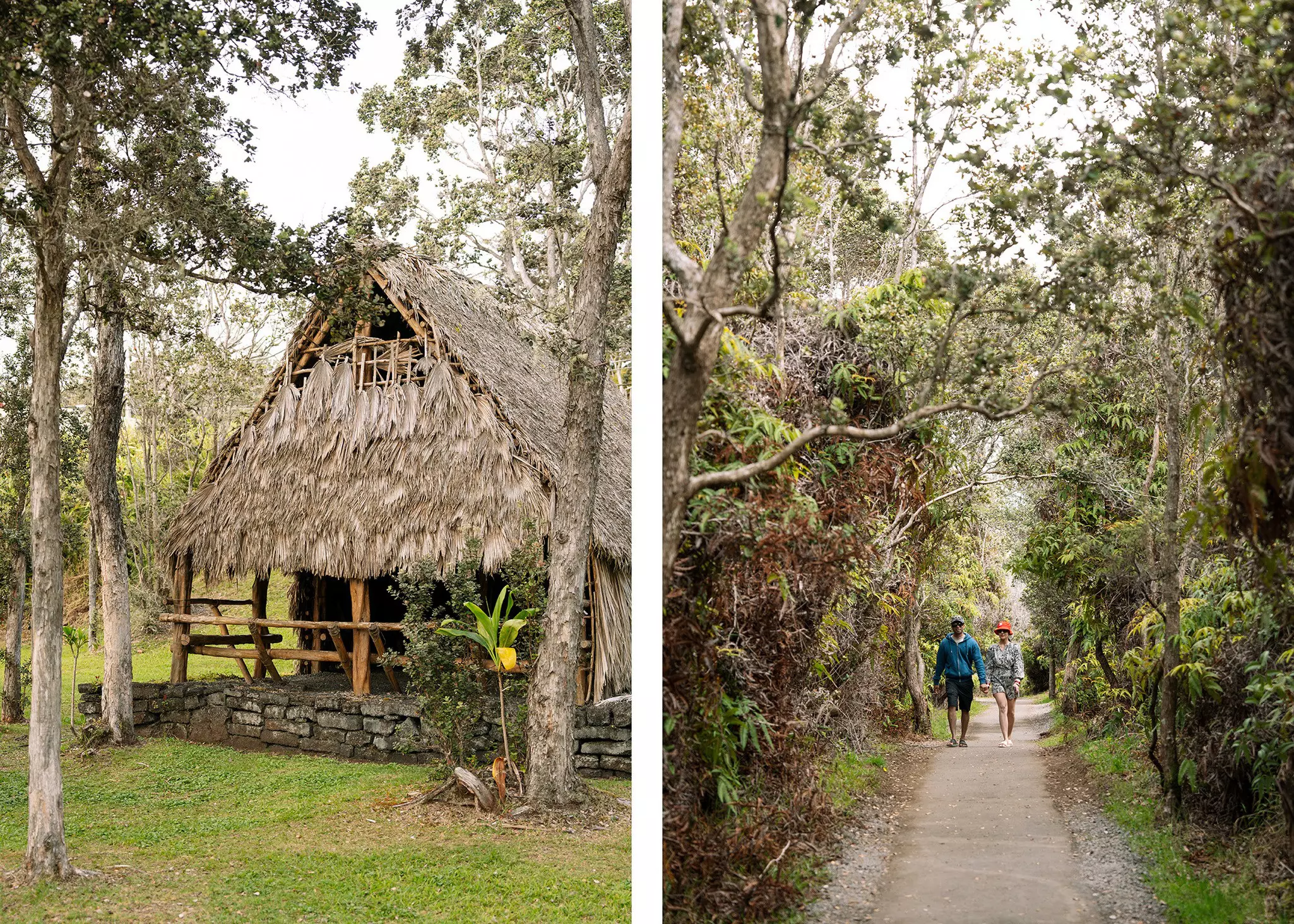 Left, a traditional Hawaiian structure; right, two people walking on trail surrounded by trees
