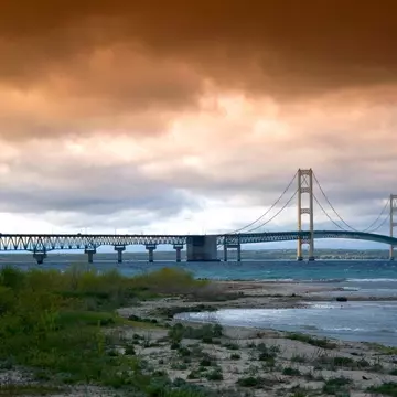The Mackinac Bridge spanning the Straits of Mackinac at Mackinaw City Michigan. Image shot 05/2008. Exact date unknown.