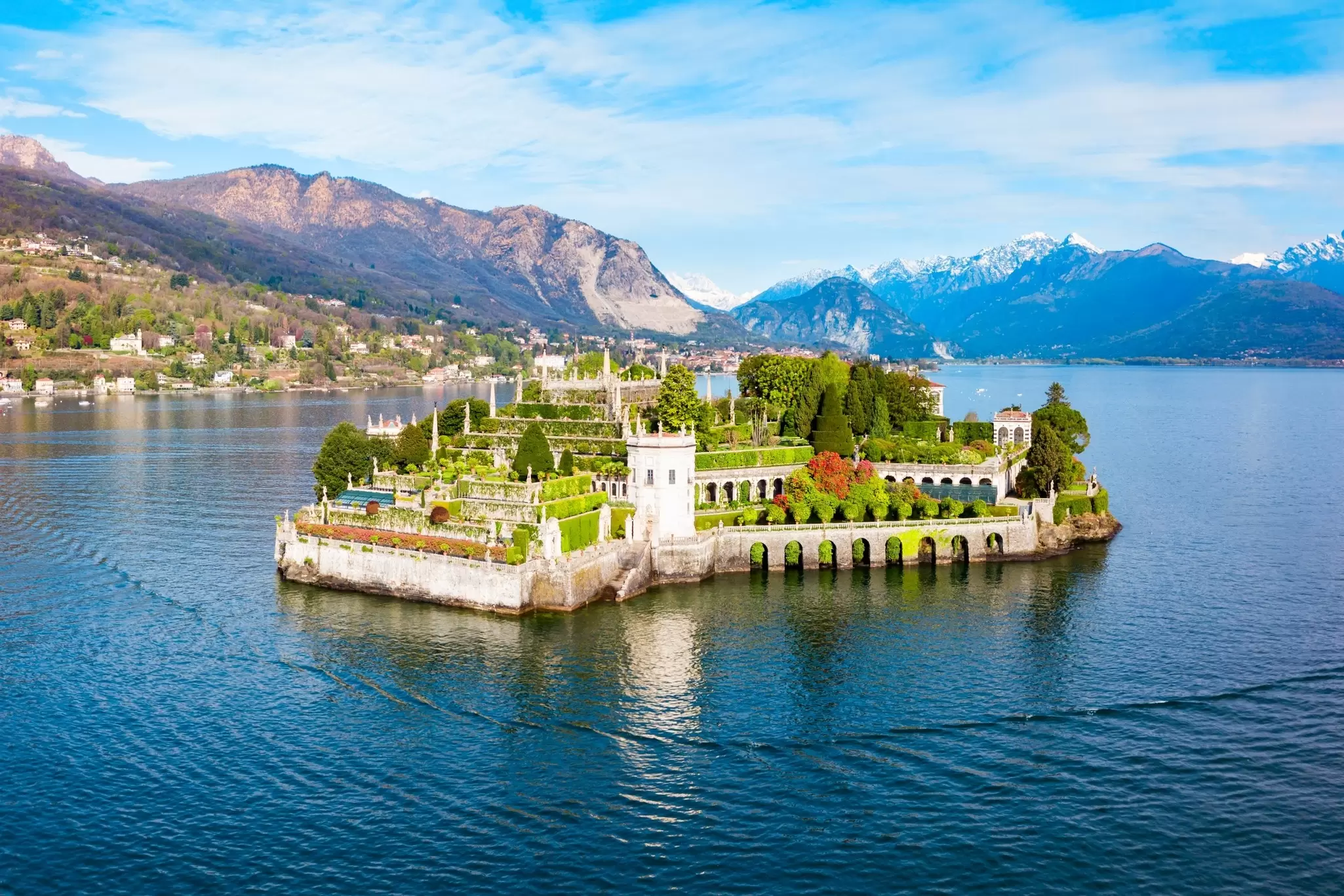 Panoramic view of Isola Bella, one of the Borromean Islands of Lago Maggiore in northern Italy.