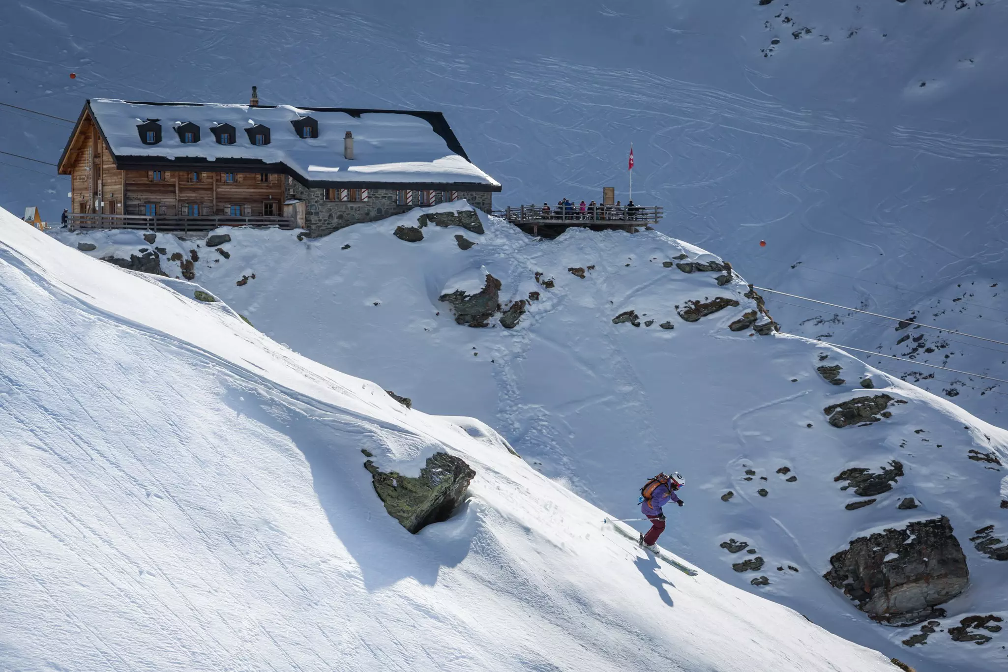 Skiing near Cabane Mont Fort (Mont Fort Cabin) in Verbier, Switzerland.