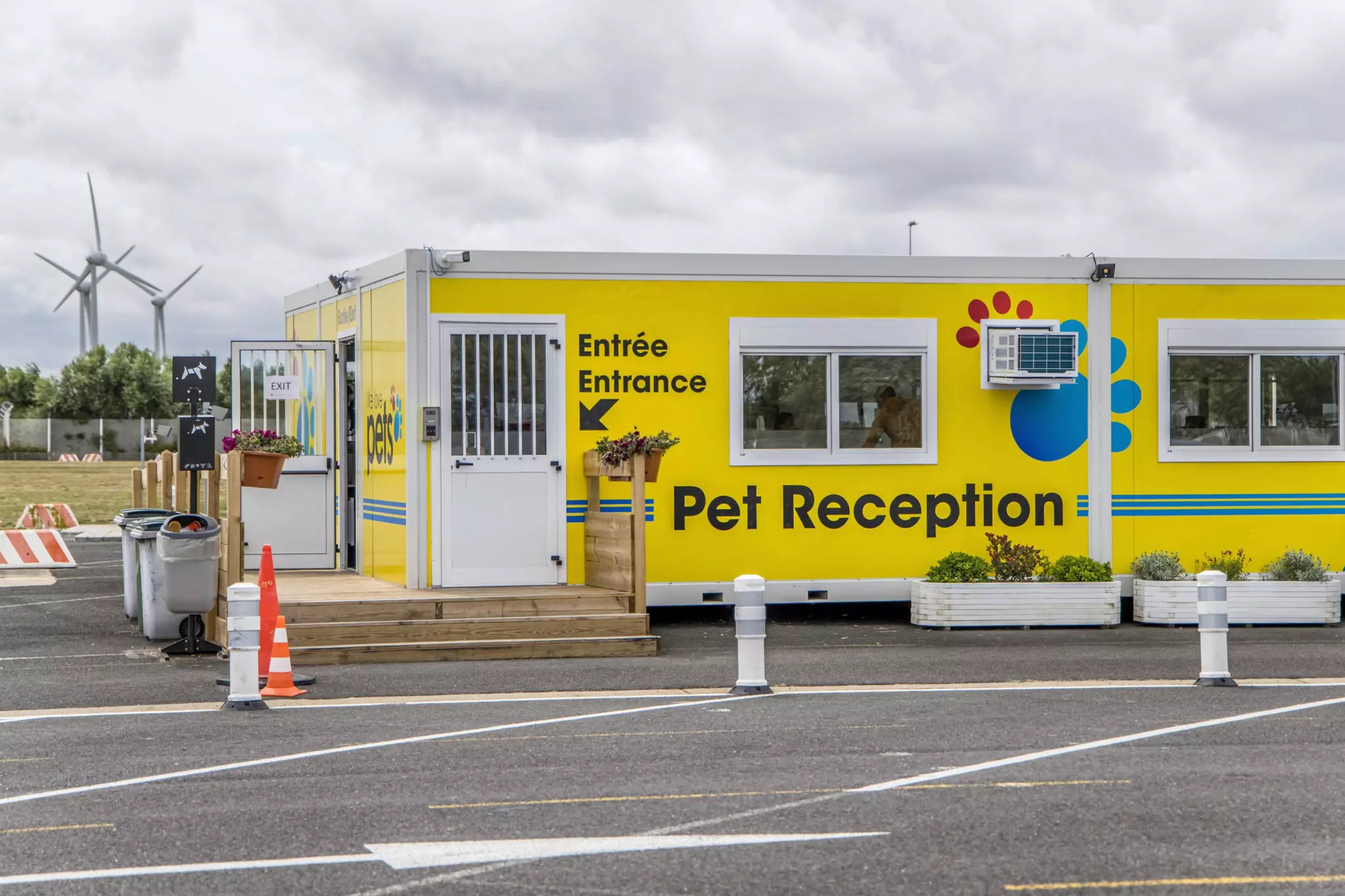 A bright yellow portacabin labeled Pet Reception