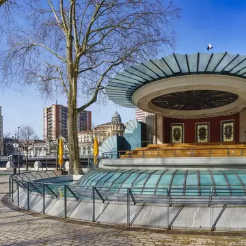 Spain, Bilbao, circular bandstand by the architect of Bermeo Pedro Ispizua in Plaza del Arenal.