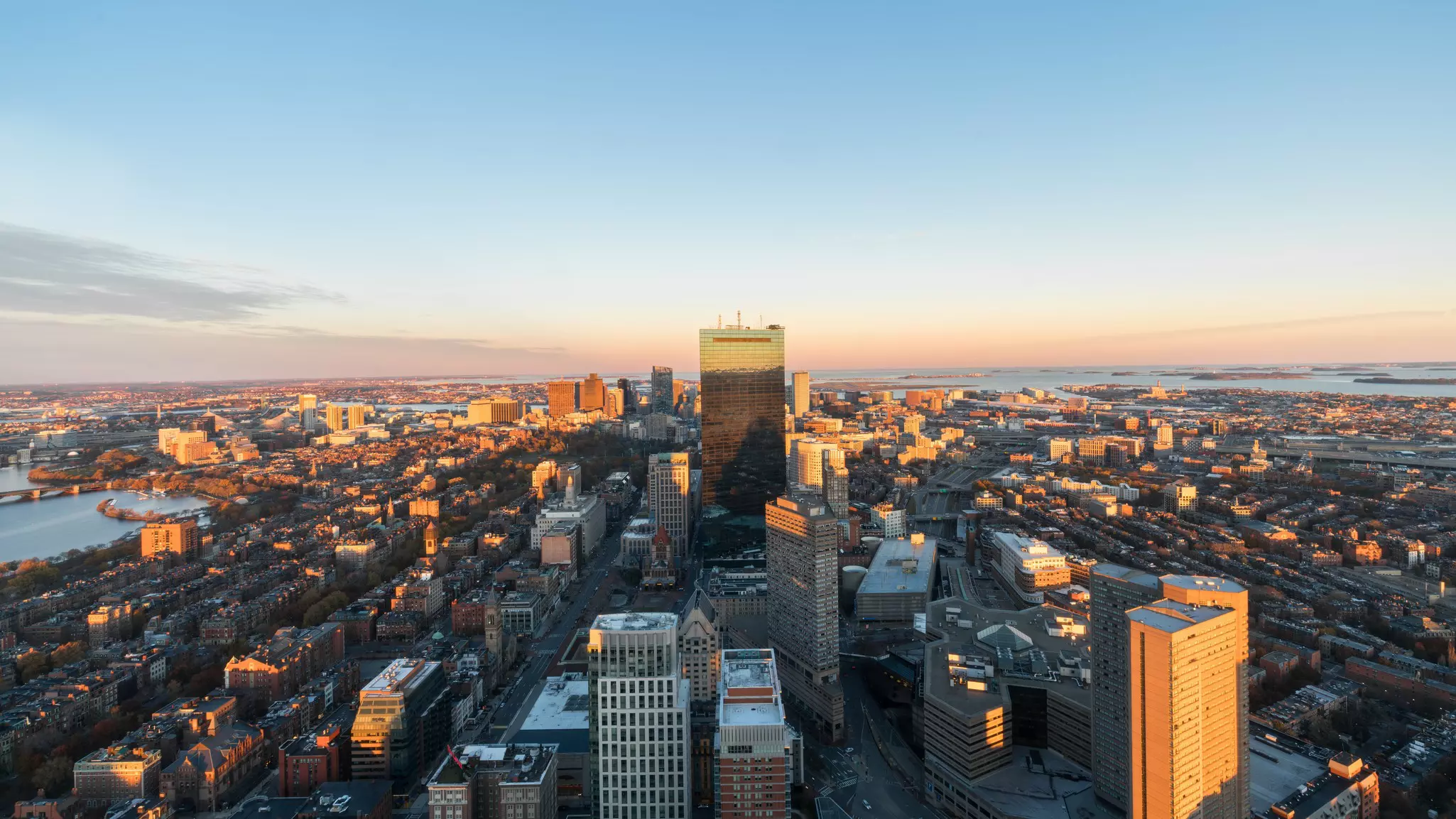 A city view at sunset from high above.