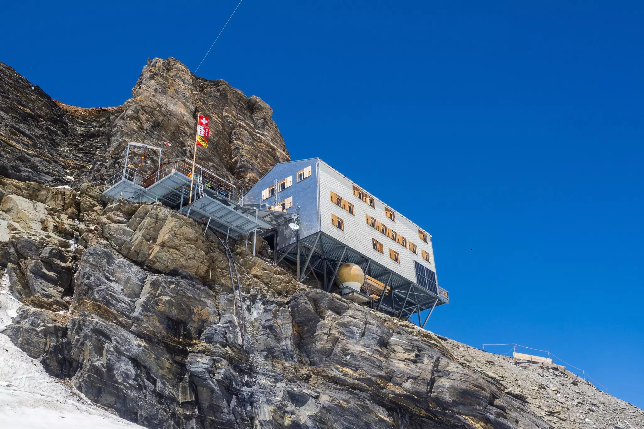 Grindlewald mountain hut from below in Switzerland. 