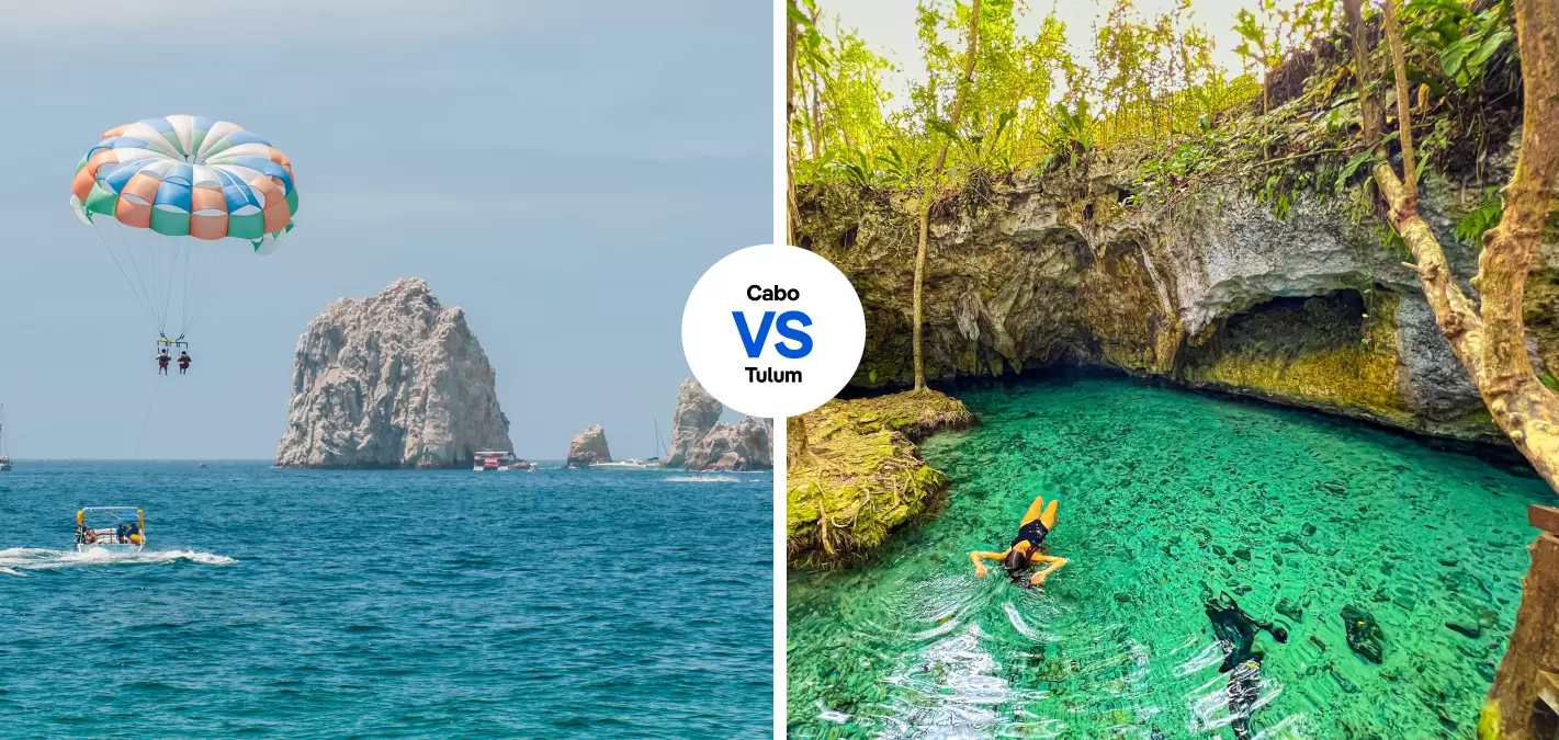 Watersports in Los Cabos and swimming in a cenote in Tulum. Cabo: VG Foto/Shutterstock. Tulum: Nehuenpg/Shutterstock 