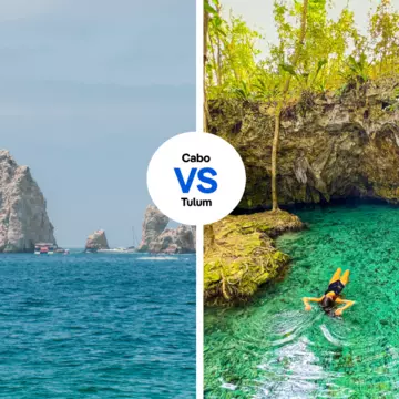 Watersports in Los Cabos and swimming in a cenote in Tulum. Cabo: VG Foto/Shutterstock. Tulum: Nehuenpg/Shutterstock 