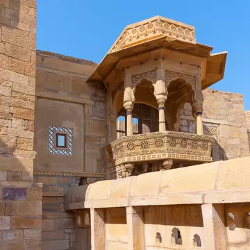 Stone window and exterior of Rani Mahal or Rani Ka Mahal, inside Jaisalmer fort. Rajasthan, India. 