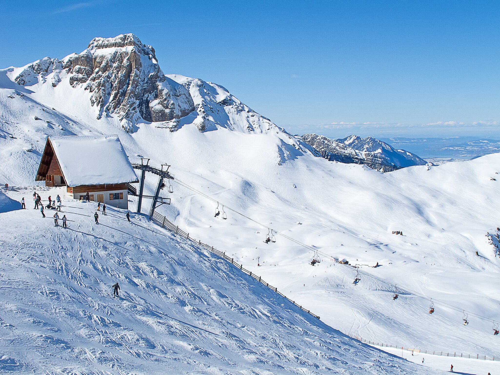 Skiers on the slopes of Flumserberg, St.Gallen, Switzerland