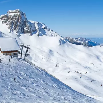 Skiers on the slopes of Flumserberg, St.Gallen, Switzerland