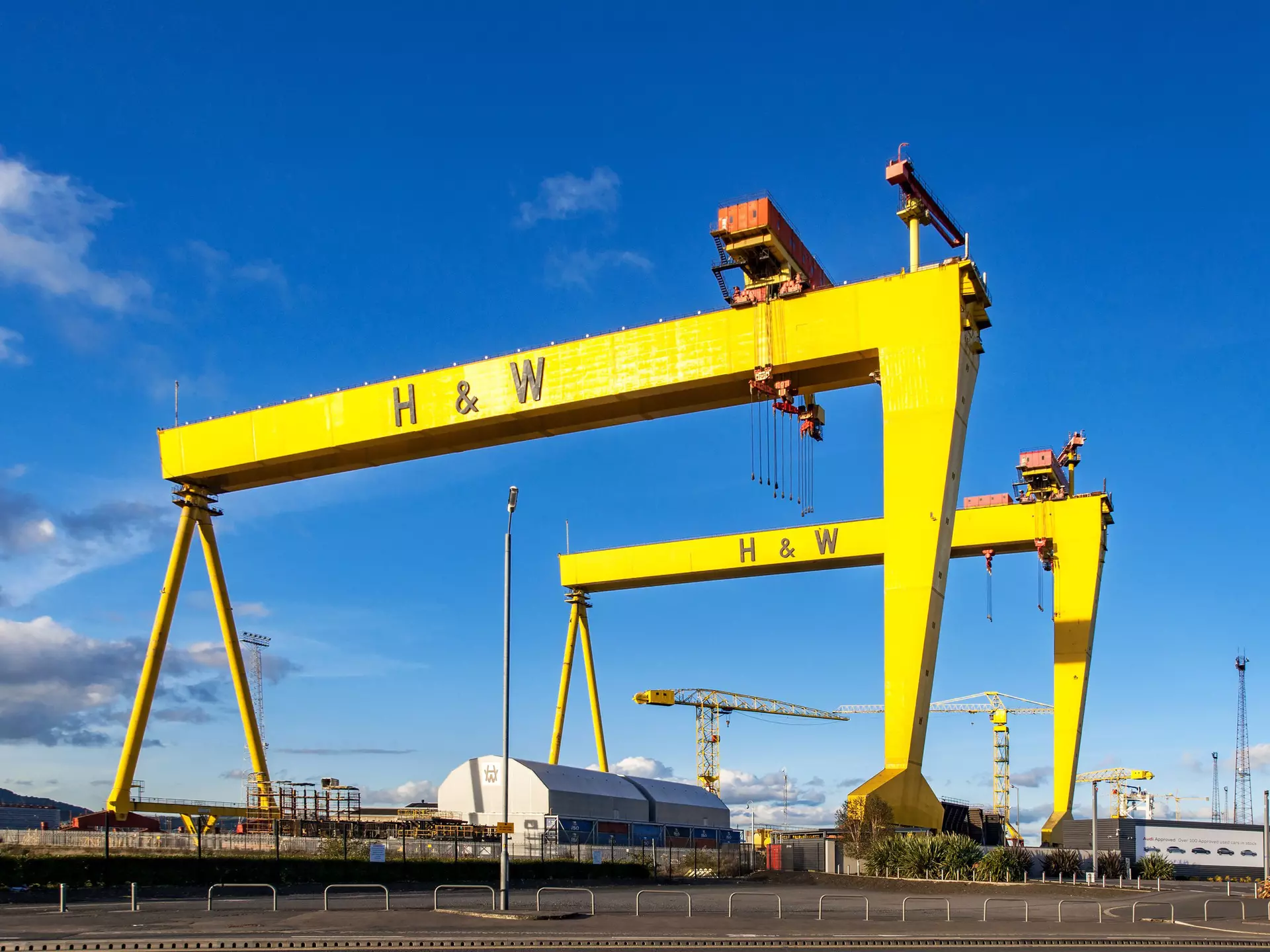 Samson and Goliath, twin shipbuilding gantry cranes in the Titanic quarter. Goliath is in the foreground.