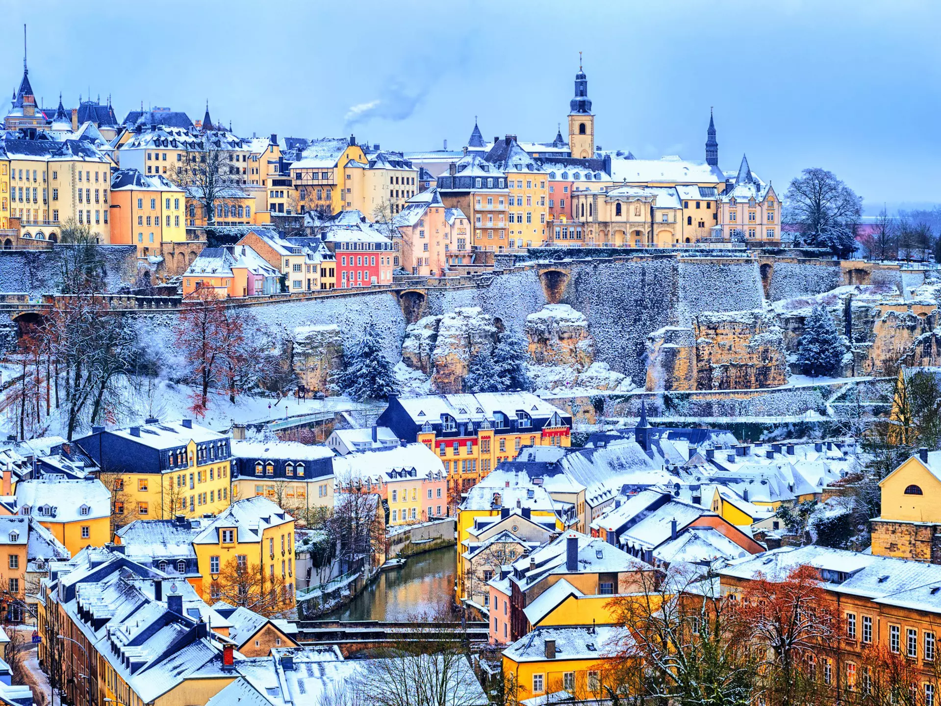 Old town of Luxembourg city snow white in winter, Europe