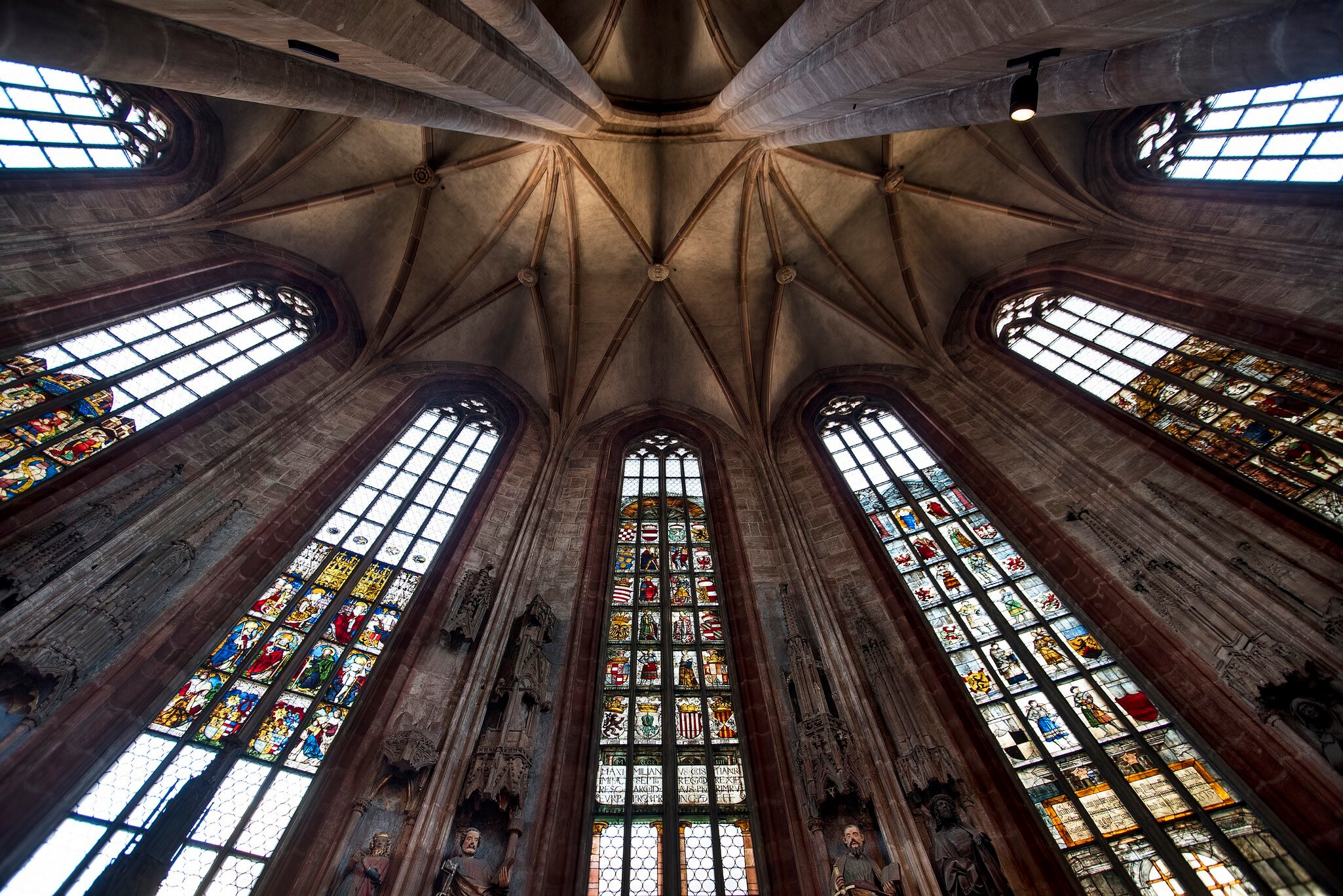 Gothic style stained glass ceiling of the St Sebalduskirche cathedral in Nuremberg, Germany. 