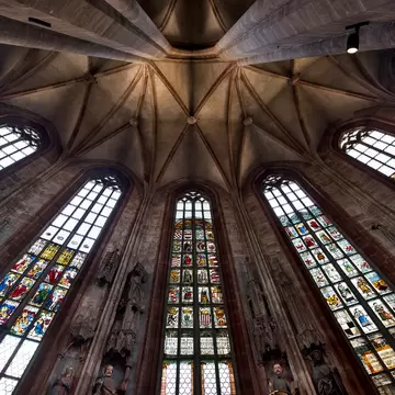 Gothic style stained glass ceiling of the St Sebalduskirche cathedral in Nuremberg, Germany. 