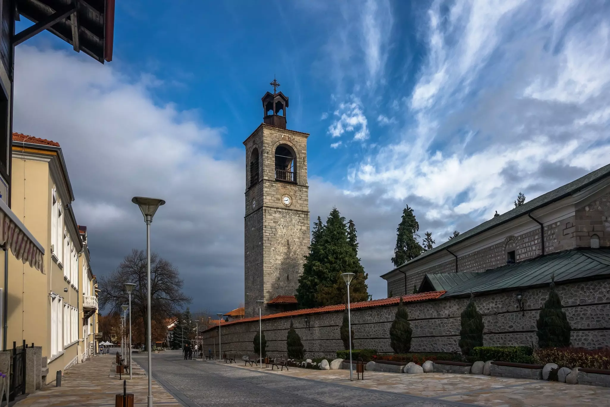 A view of St Trinity Church and its bell tower in the center of Bansko, Bulgaria