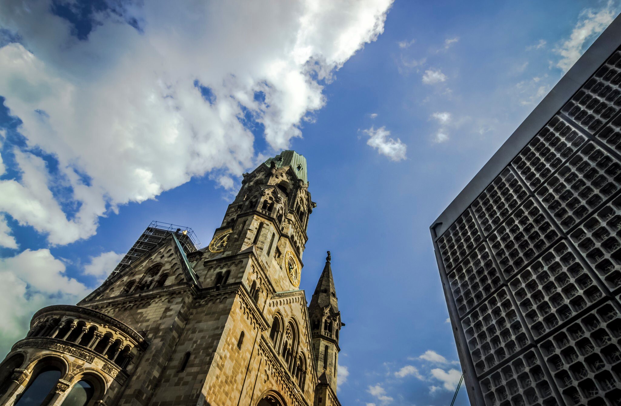 Low-angle perspective of Kaiser-Wilhelm-Gedächtniskirche Church in Berlin, Germany.