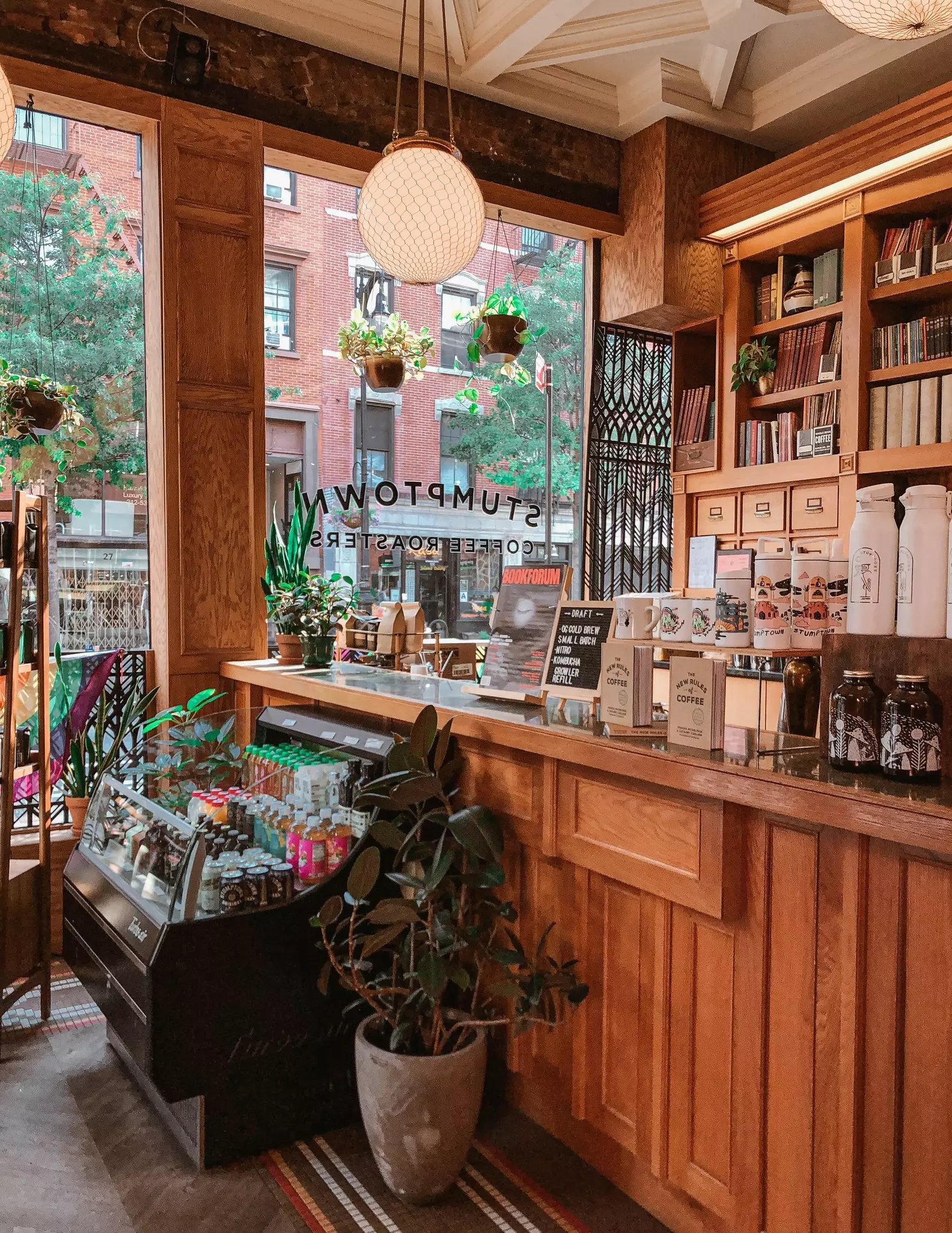 Interior view of the cozy, popular Stumptown Coffee Roasters Coffee shop in Greenwich Village, NYC,