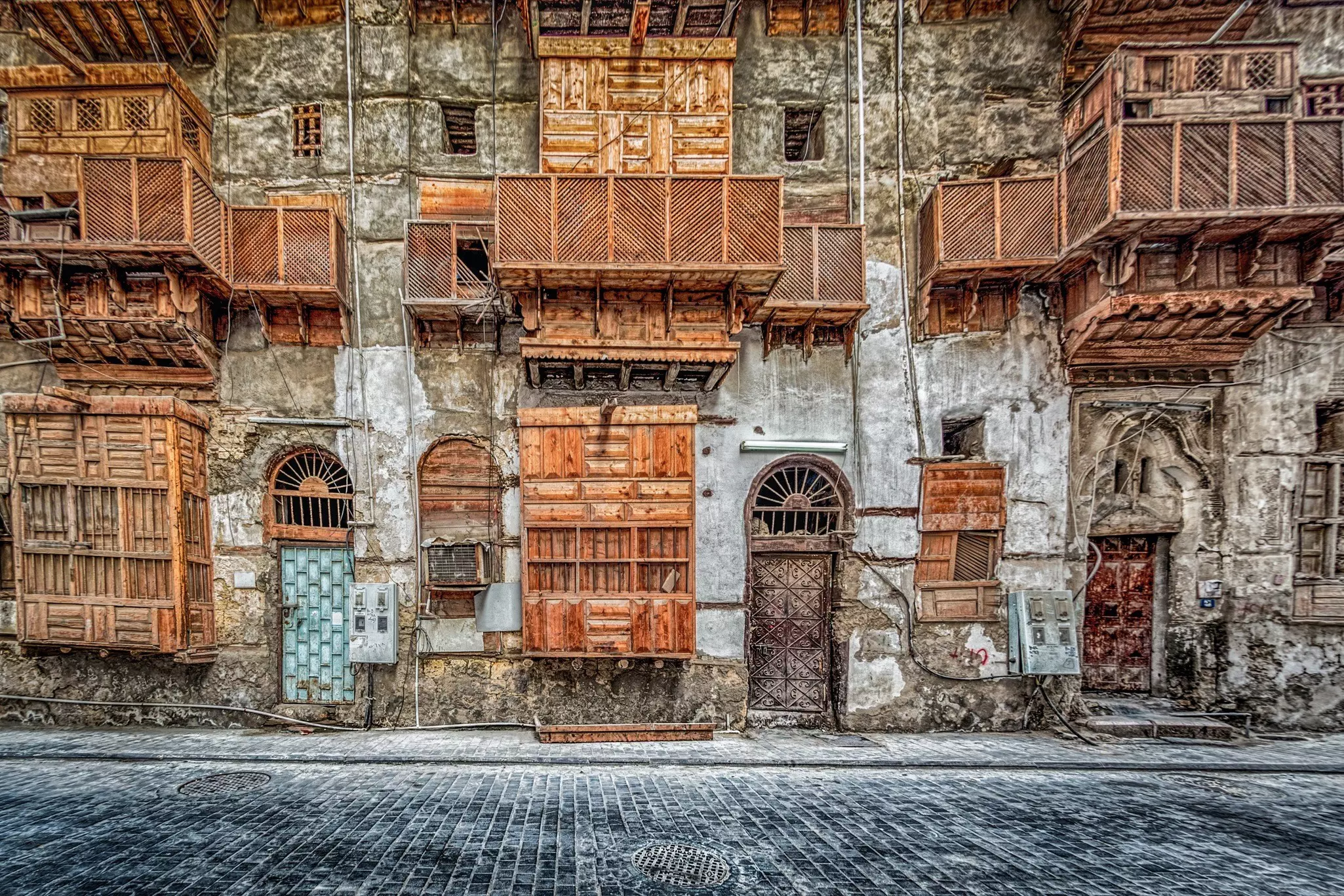 Historic buildings in the old town in Jeddah, Saudi Arabia. 
