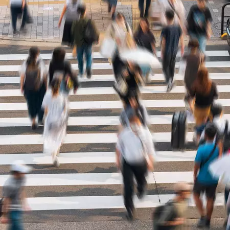 People walking on zebra-striped crosswalk in Tokyo. 