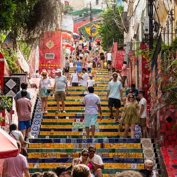 RIO DE JANEIRO, BRAZIL - FEBRUARY 5, 2024: Beautiful view to red and colorful Selaron Staircase in Lapa, License Type: media, Download Time: 2025-02-28T21:47:59.000Z, User: rhylton_redventures, Editorial: true, purchase_order: 56530 - Guidebooks, job: Lonely Planet WIP, client: Lonely Planet WIP, other: Rhianydd Hylton